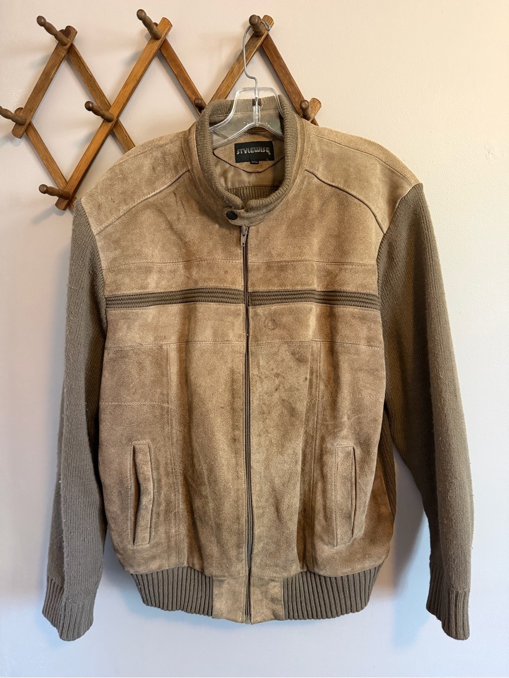 Stylewise Vintage Suede Knit Mixed Media Bomber Jacket Tan XL